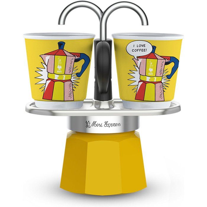 BIALETTI Coffee Maker Set + 2 Cups - Mini-express LICHTENSTEIN - 100 ml - Stainless Steel/ Yellow