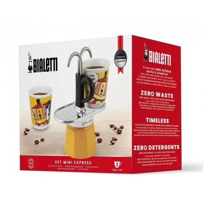 BIALETTI Coffee Maker Set + 2 Cups - Mini-express LICHTENSTEIN - 100 ml - Stainless Steel/ Yellow