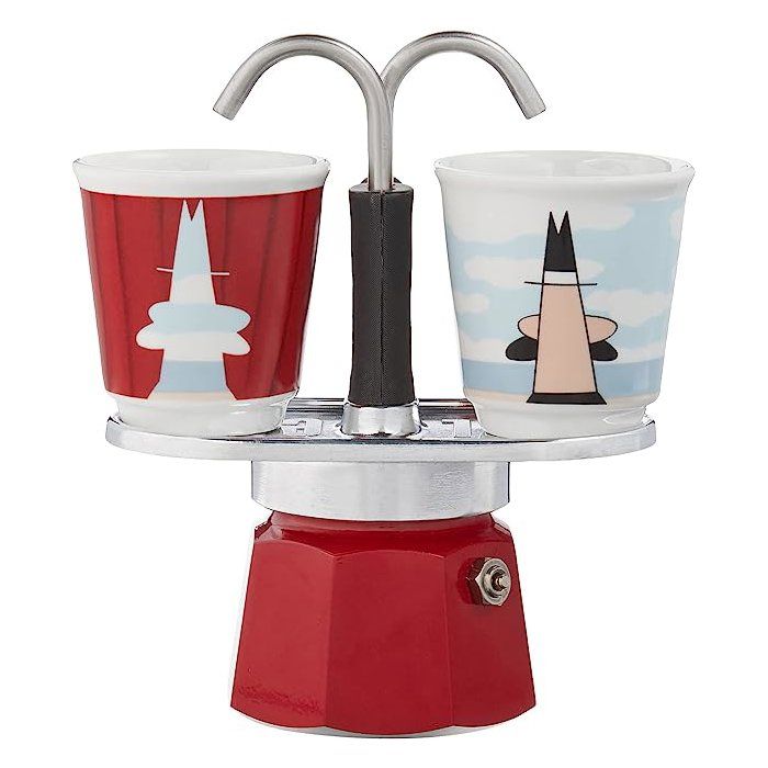 BIALETTI Coffee Maker Set + 2 Cups - MAGRITTE Mini-Espresso - Stainless Steel/ Red