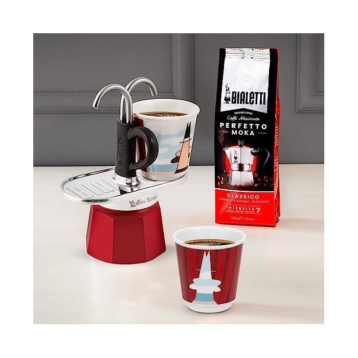 BIALETTI Coffee Maker Set + 2 Cups - MAGRITTE Mini-Espresso - Stainless Steel/ Red