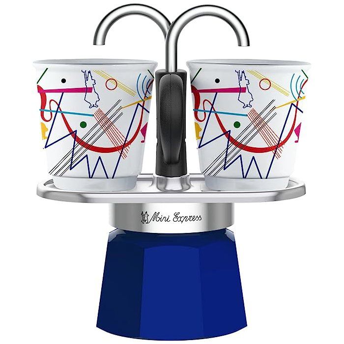 BIALETTI Coffee Maker Set + 2 Cups - Mini-express KANDINSKY - 100 ml - Stainless Steel/ Blue