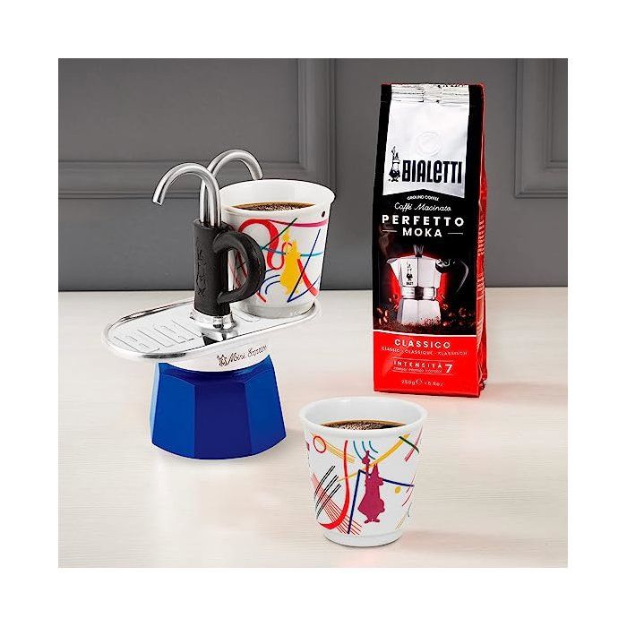 BIALETTI Coffee Maker Set + 2 Cups - Mini-express KANDINSKY - 100 ml - Stainless Steel/ Blue
