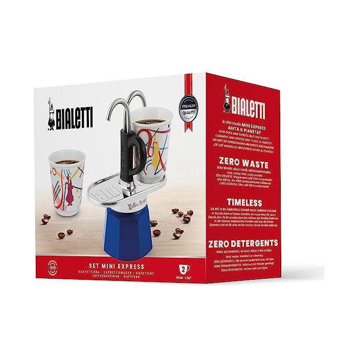 BIALETTI Coffee Maker Set + 2 Cups - Mini-express KANDINSKY - 100 ml - Stainless Steel/ Blue