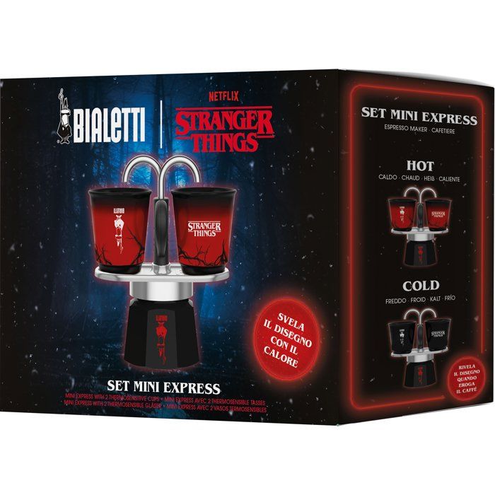 BIALETTI Mini Express Coffee Maker Set, 2 Heat-Sensitive Cups, Stranger Things Collection