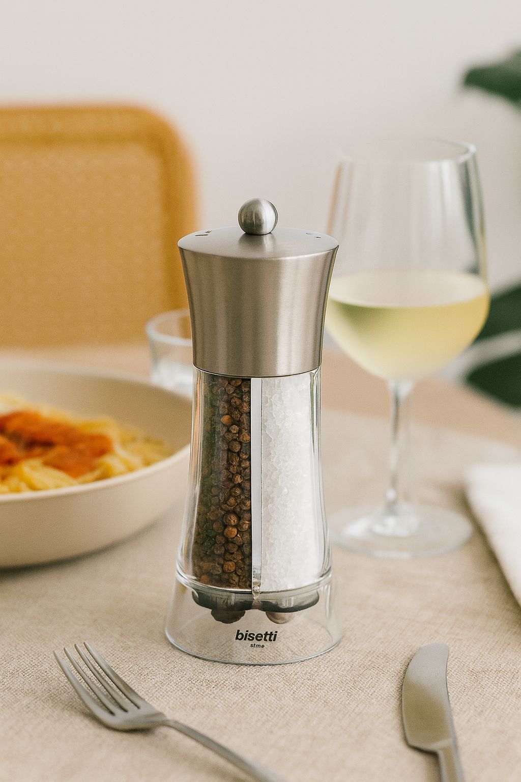 BISETTI 2-in-1 Salt and Pepper Mill - Dual Big Acrylic - Stainless Steel