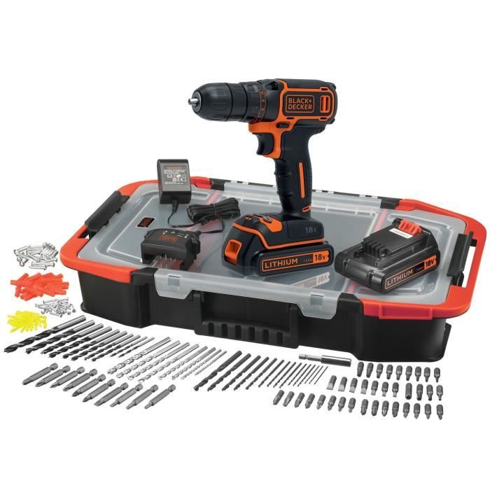 Cordless Drill/Driver Kit - 18V - BLACK+DECKER - BDCDC18BAST-QW - 2 Batteries - Charger - 160 Accessories