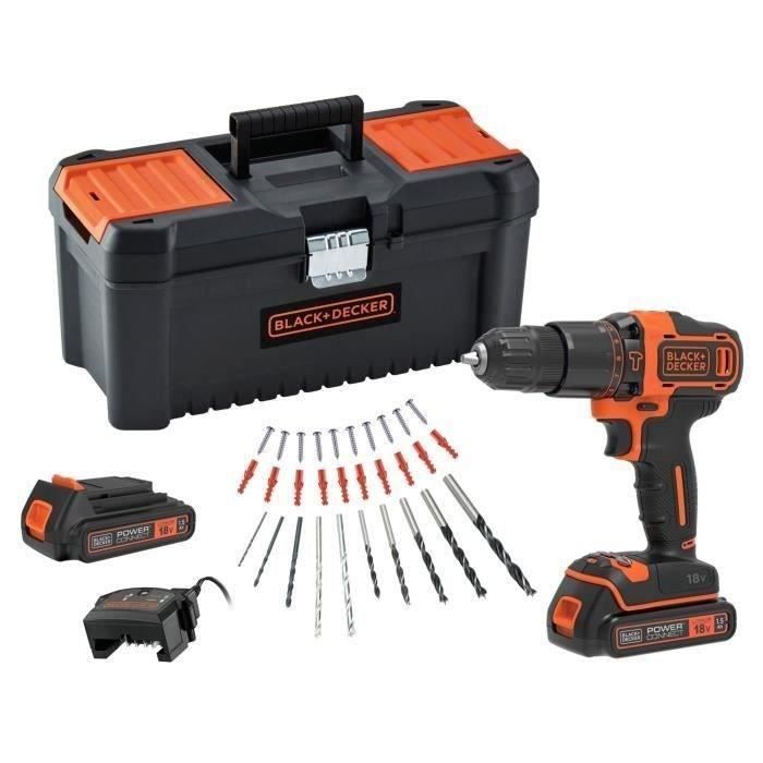 Perceuse a percussion sans fil - 18V - BLACK+DECKER - BDCHD18C2TA-QW  avec 2 batteries 18V  30 accessoires