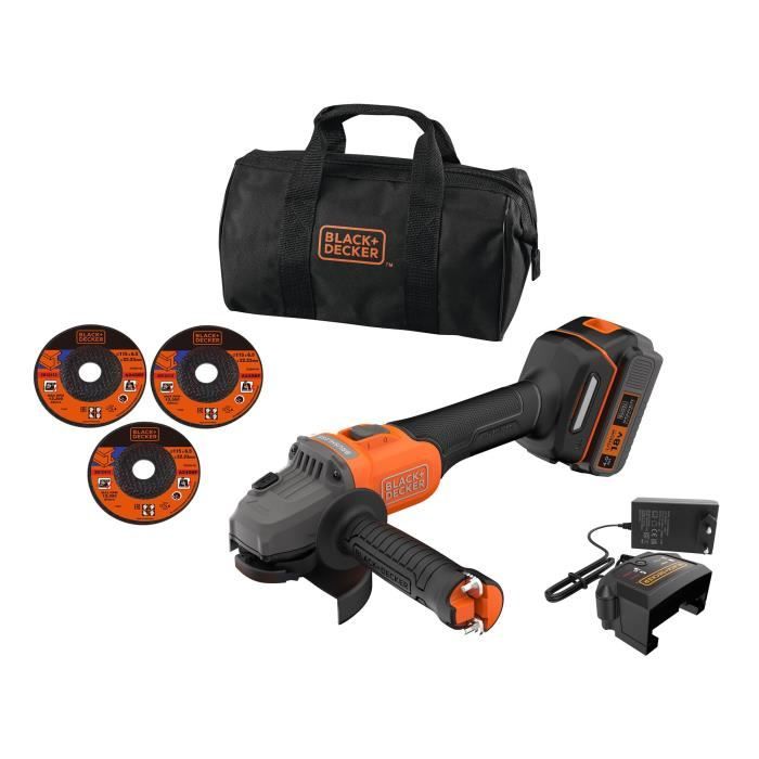 BLACK&DECKER Cordless Angle Grinder + 4Ah Battery + Charger - BCG6L8F1S-QW - Brushless - 18V - 115 mm - With 3 Discs and Carrying