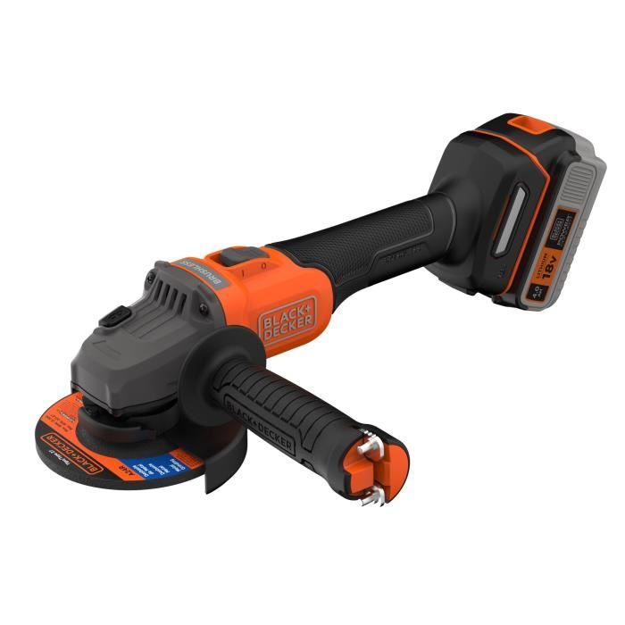 BLACK&DECKER Cordless Angle Grinder + 4Ah Battery + Charger - BCG6L8F1S-QW - Brushless - 18V - 115 mm - With 3 Discs and Carrying