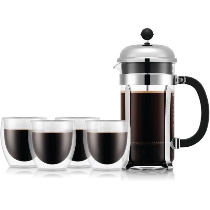 Bodum French Press Coffee Maker - CHAMBORD SET - 8 cups - 1.0 l + 4 PAVINA glasses
