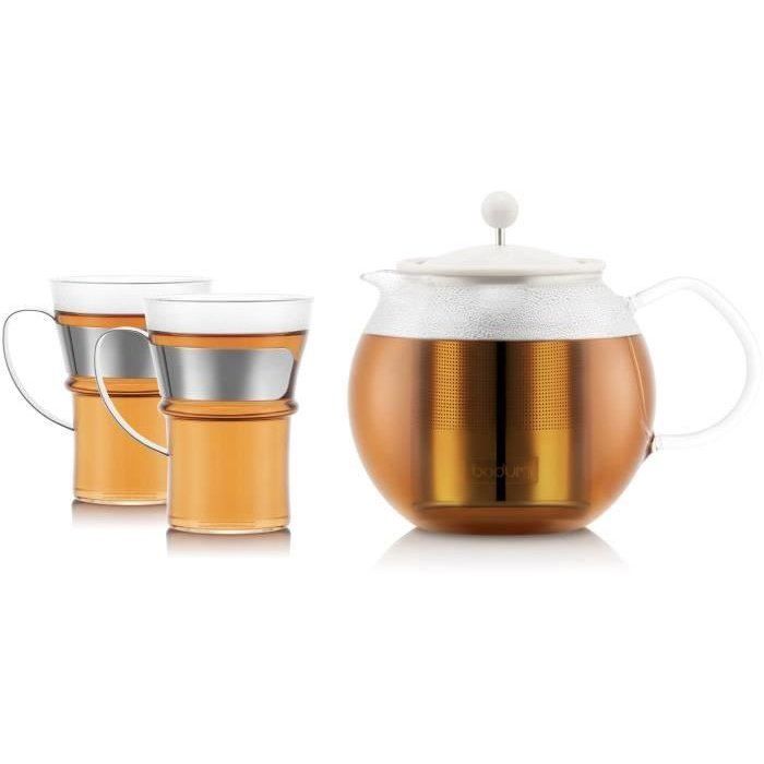 BODUM Teapot with Plunger - ASSAM SET - 1.0 L - Stainless Steel Filter + 2 Glass Cups