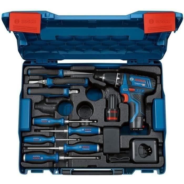 Bosch Professional GSR 12V-15 Cordless Drill/Driver + Hand Tools + 2 x 2.0Ah Batteries + GAL 12V-20 Charger - 060186810R