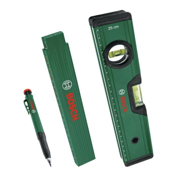 Marking Set - 25 cm Spirit Level, 2 m Folding Ruler, Deep Hole Marker
