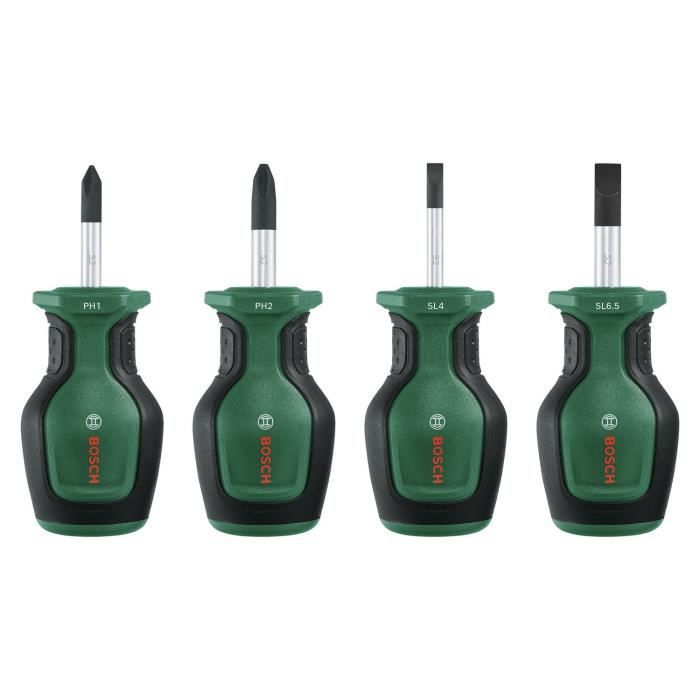 Bosch Set of 4 Short Screwdrivers - Compact for Tight Spaces, Magnetic Tip