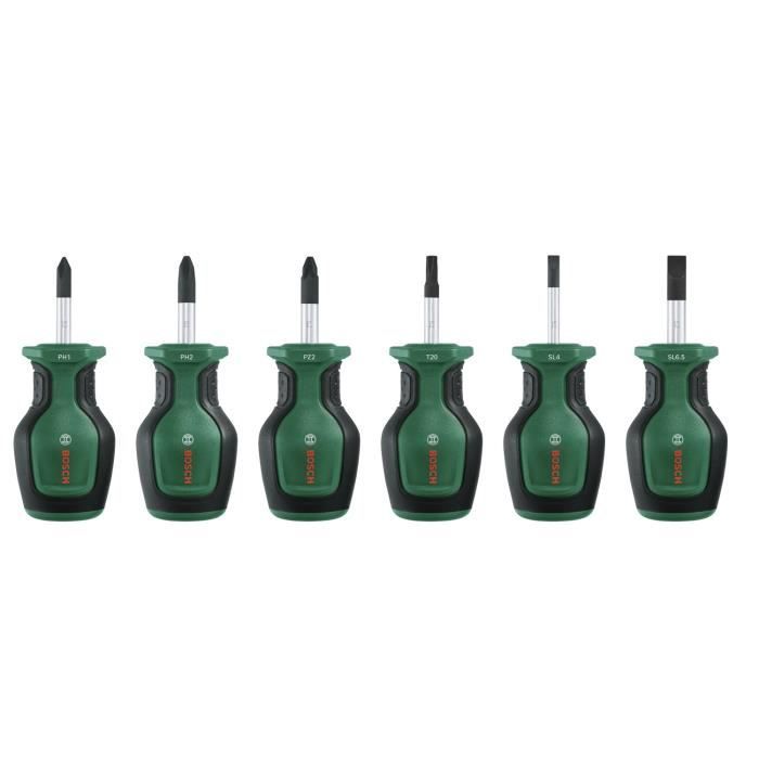Bosch Set of 6 Short Screwdrivers - High Torque S2 Steel, Magnetic Tip