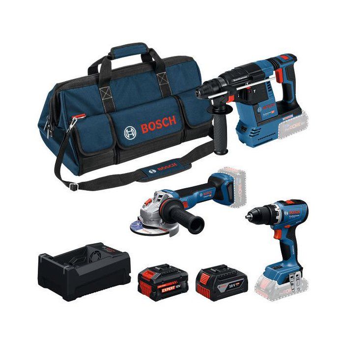 BOSCH Combo Kit - GSR 18V-65 + GBH 18V-26 + GWS 18V-11 - 5.0Ah + 5.5Ah Batteries + Charger 12V/18V