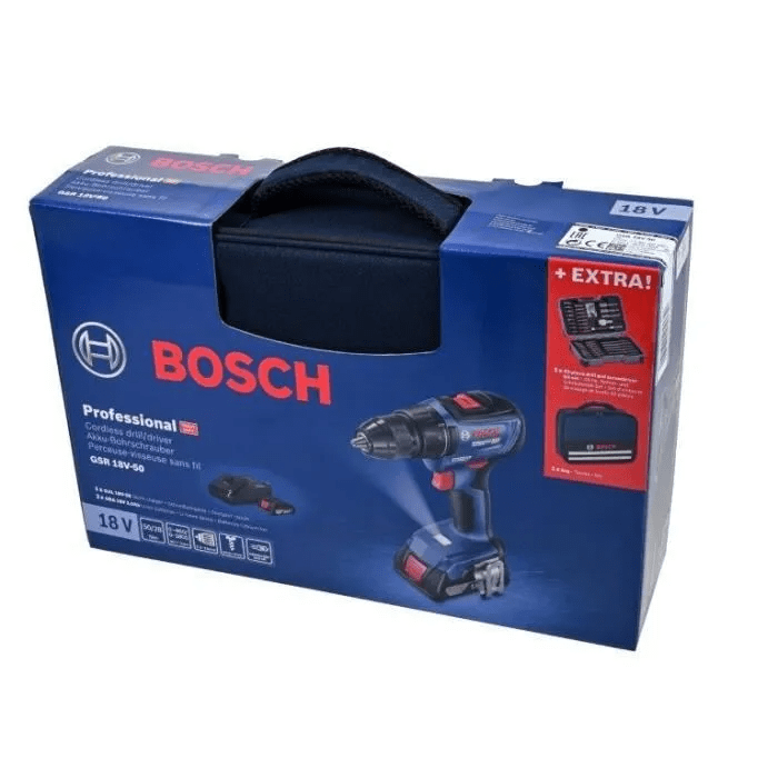 Bosch Professional GSR 18V-50 Cordless Drill/Driver + 2 x 2.0Ah Batteries + GAL 18V-20 Charger + 43 Accessories + Carrying Case
