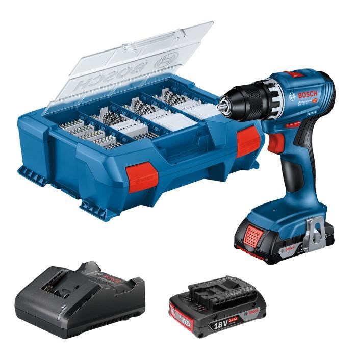 Bosch Professional GSR 18V Drill/Driver + 2 x 2.0Ah Batteries + Charger + 82 Pieces, in L-Case