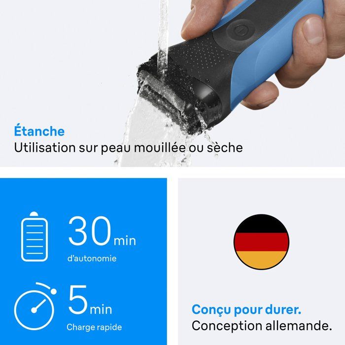 BRAUN Series 3 Electric Shaver - Blue and Black - 30-Minute Battery Life - 5-Minute Fast Charge