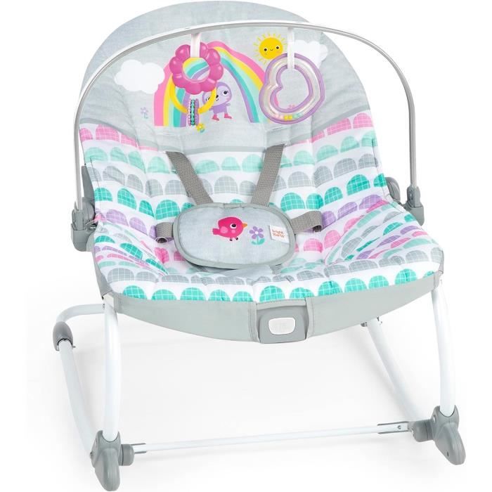 BRIGHT STARTS Rainbow Convertible Baby Bouncer, Pink, Soothing Vibrations, 2 Recline Positions, Up to 30 Months