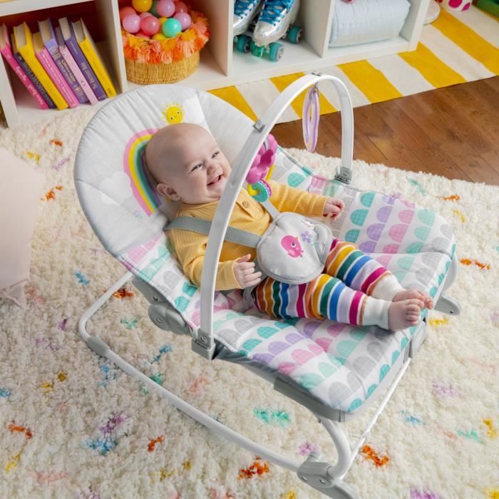 BRIGHT STARTS Rainbow Convertible Baby Bouncer, Pink, Soothing Vibrations, 2 Recline Positions, Up to 30 Months
