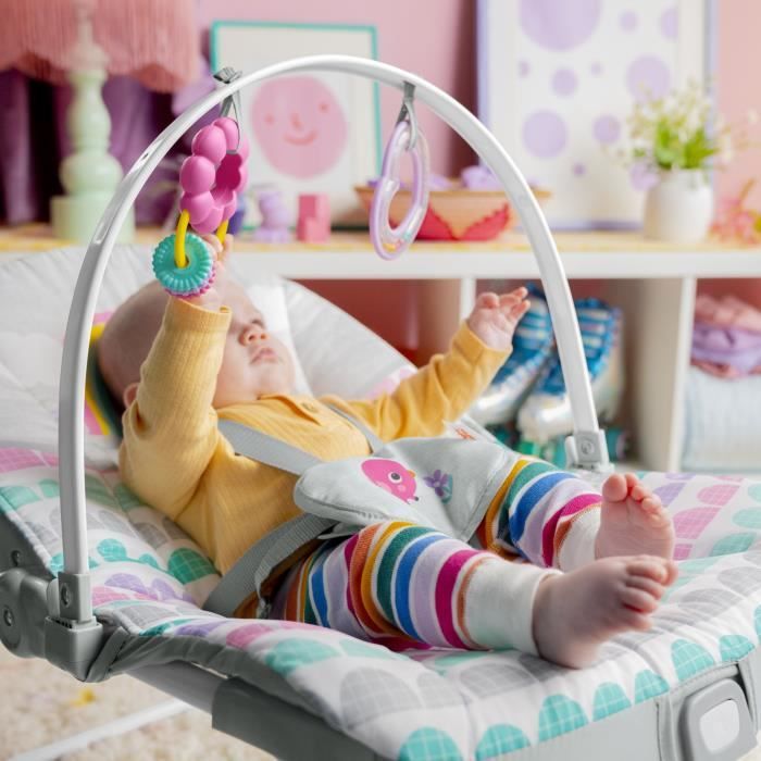 BRIGHT STARTS Rainbow Convertible Baby Bouncer, Pink, Soothing Vibrations, 2 Recline Positions, Up to 30 Months