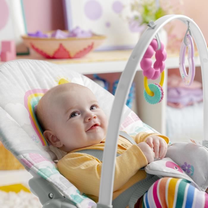 BRIGHT STARTS Rainbow Convertible Baby Bouncer, Pink, Soothing Vibrations, 2 Recline Positions, Up to 30 Months