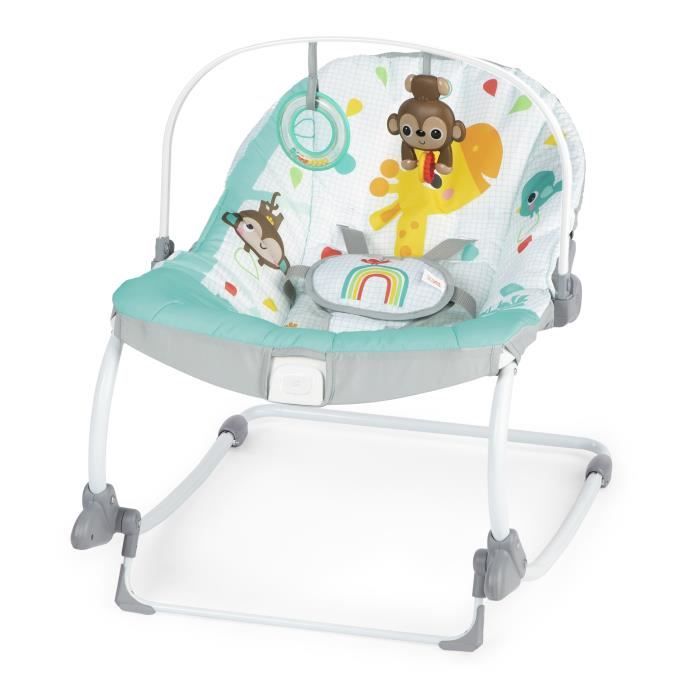 BRIGHT STARTS Rainbow Convertible Baby Bouncer, Blue, Soothing Vibrations, 2 Recline Positions, 0 M + up to 18 kg