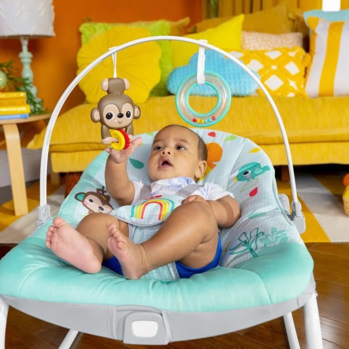 BRIGHT STARTS Rainbow Convertible Baby Bouncer, Blue, Soothing Vibrations, 2 Recline Positions, 0 M + up to 18 kg