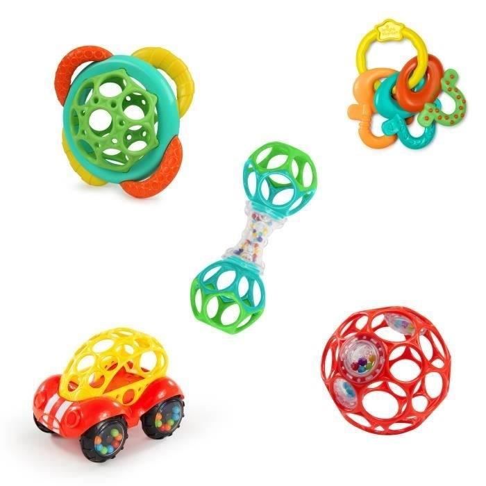 BRIGHT STARTS Baby Gift Set for Birth with 5 Toys: O-Ball, Rattle, Car, Teething Ring
