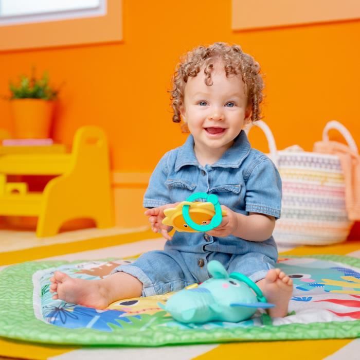 BRIGHT STARTS Foldable Convertible Baby Playmat - Jungle Green - with Arch, Sensory and Musical Toys, and Mirror