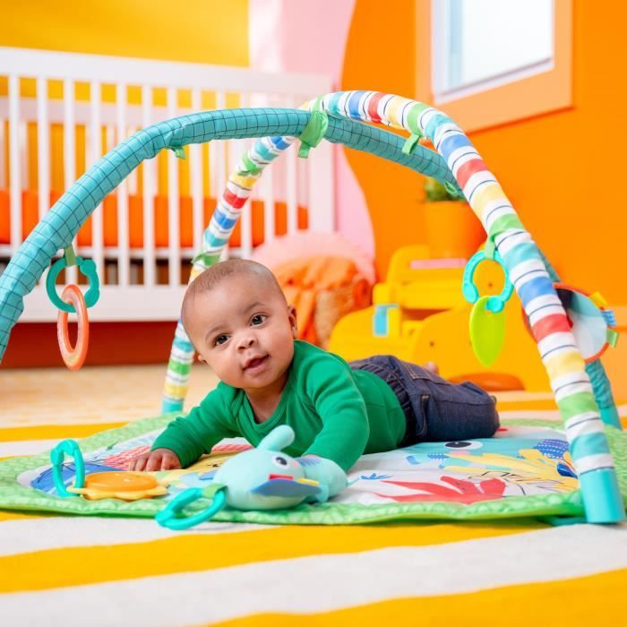 BRIGHT STARTS Foldable Convertible Baby Playmat - Jungle Green - with Arch, Sensory and Musical Toys, and Mirror