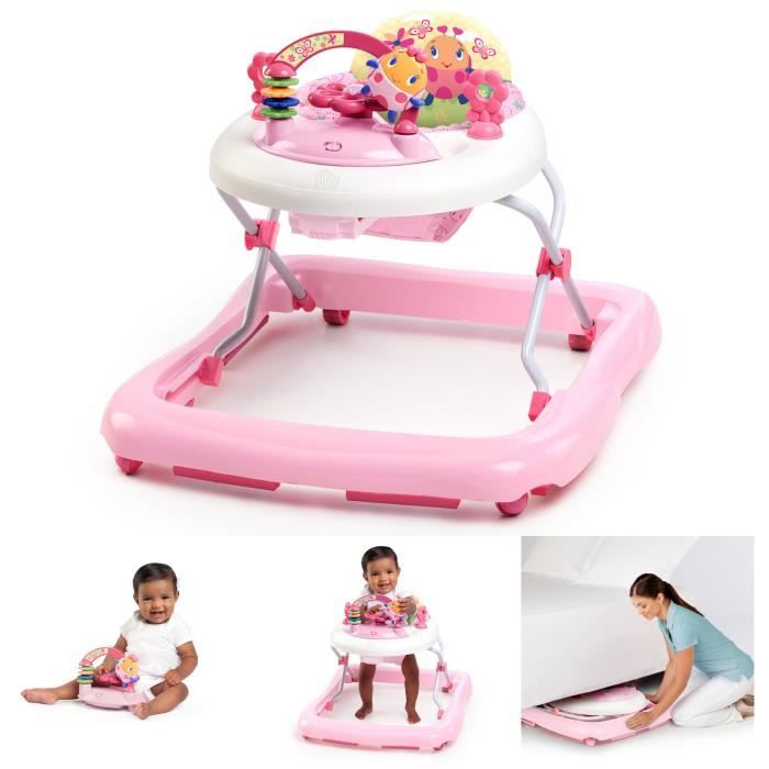 BRIGHT STARTS 2-in-1 Convertible Baby Walker for Girls - Pink Garden - Baby Gift, Music, Adjustable Height