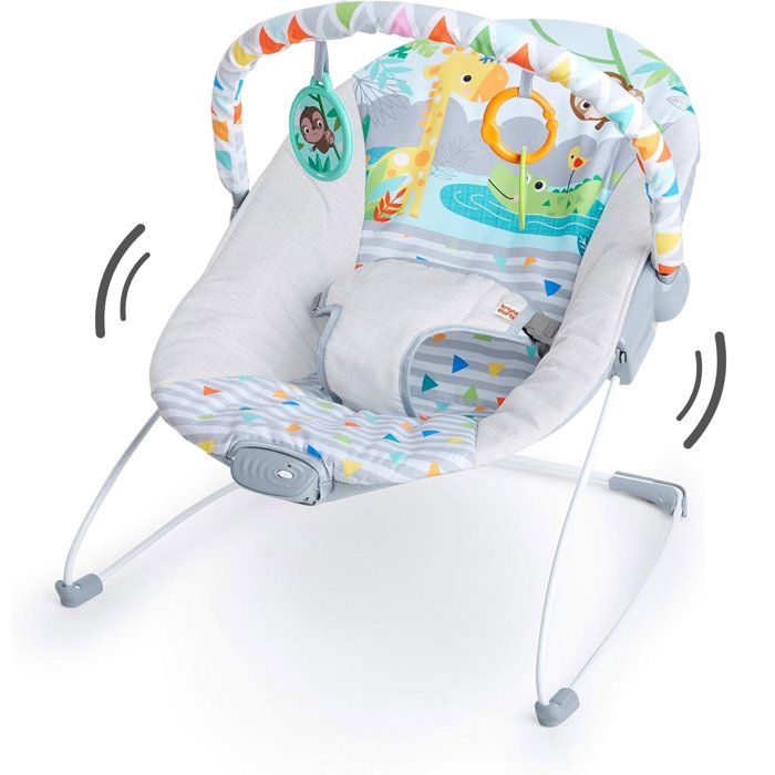 BRIGHT STARTS Safari Fun Baby Bouncer - Removable Toys, 3-Point Harness