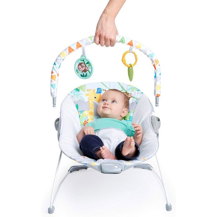 BRIGHT STARTS Safari Fun Baby Bouncer - Removable Toys, 3-Point Harness