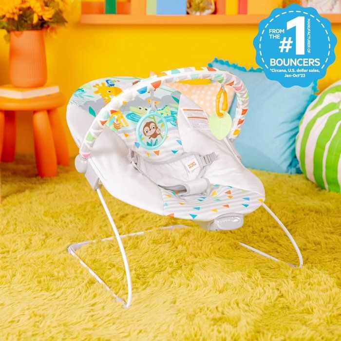 BRIGHT STARTS Safari Fun Baby Bouncer - Removable Toys, 3-Point Harness