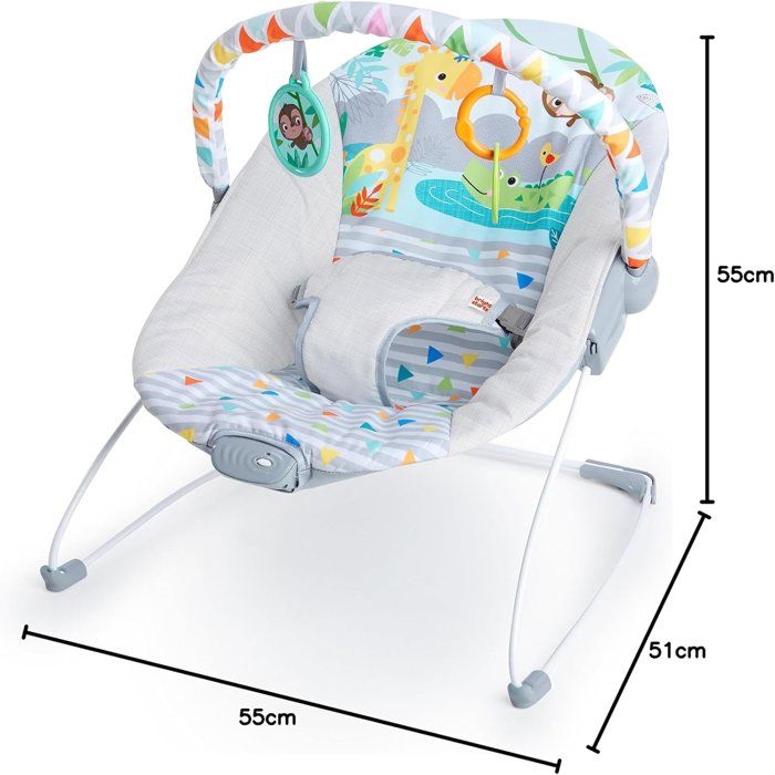 BRIGHT STARTS Safari Fun Baby Bouncer - Removable Toys, 3-Point Harness