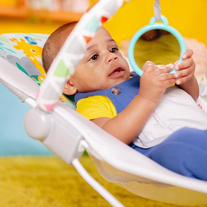 BRIGHT STARTS Safari Fun Baby Bouncer - Removable Toys, 3-Point Harness