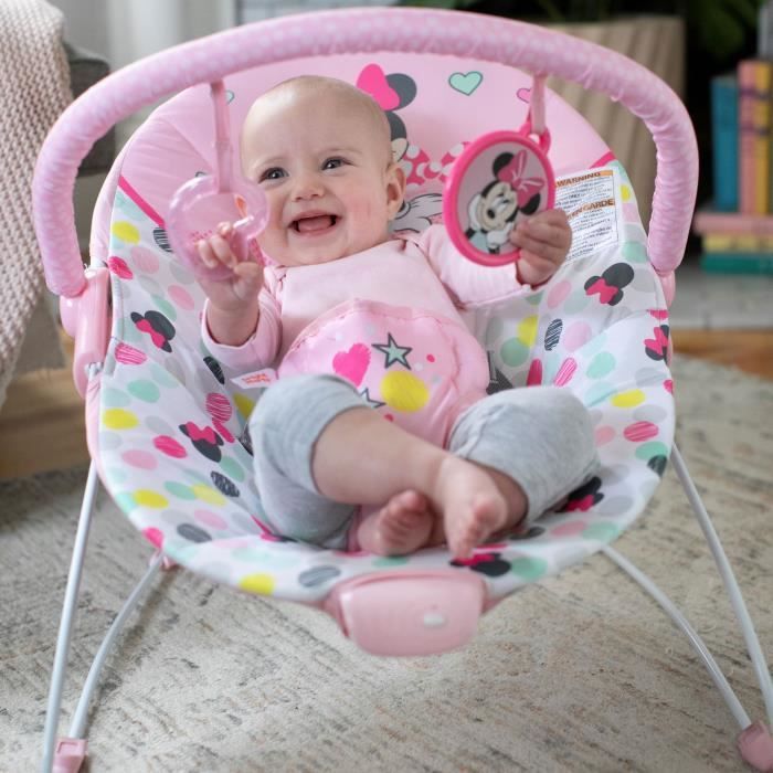 DISNEY BABY -MINNIE- Transat bébé Confettis, Arche avec jouets d'éveil amovibles, Vibrations apaisantes,  Lavable en machine