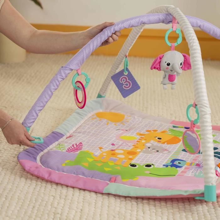 BRIGHT STARTS Foldable Baby Playmat - Jungle Pink with Arch, Sensory and Musical Toys