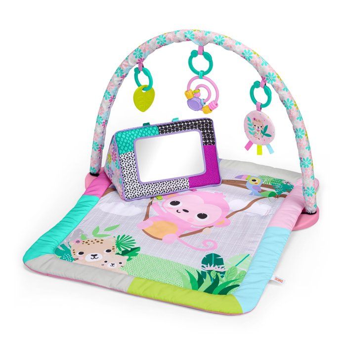 BRIGHT STARTS Small Pink Foldable Baby Playmat, Play Arch, 5 Baby Toys, Mirror, Cards, Abacus and Teething Ring