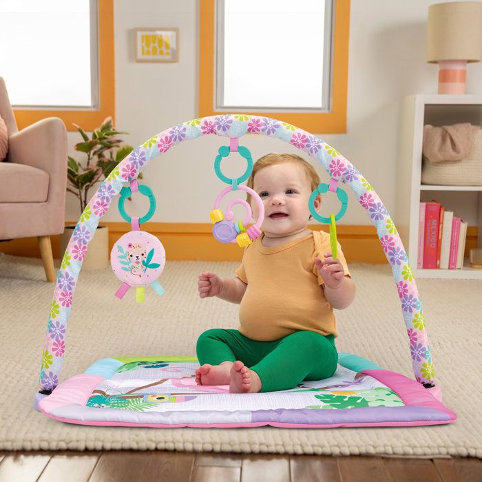 BRIGHT STARTS Small Pink Foldable Baby Playmat, Play Arch, 5 Baby Toys, Mirror, Cards, Abacus and Teething Ring
