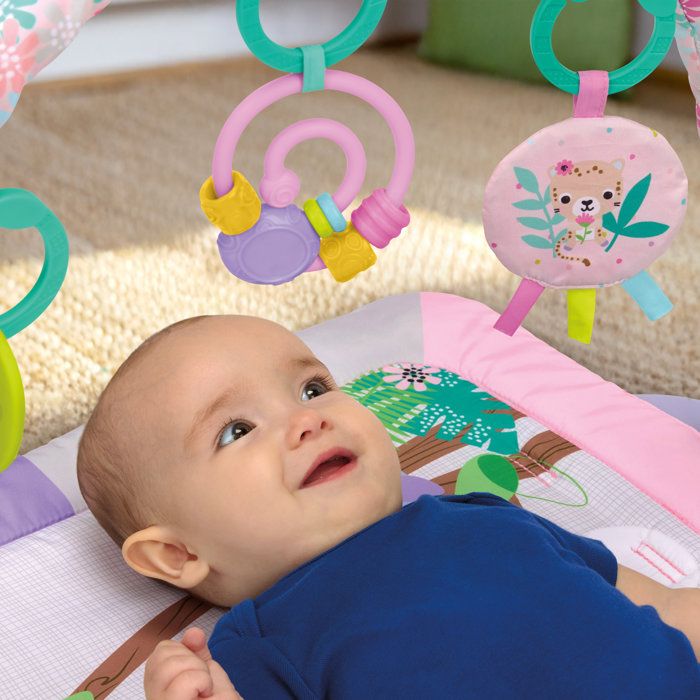 BRIGHT STARTS Small Pink Foldable Baby Playmat, Play Arch, 5 Baby Toys, Mirror, Cards, Abacus and Teething Ring