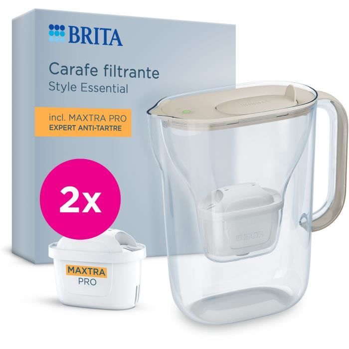 BRITA Water Filter Jug - Essential Style Sand - 2.4 L Capacity (1.4 L Filtered Water) - 2 Maxtra Pro Expert Anti-Limescale Filters