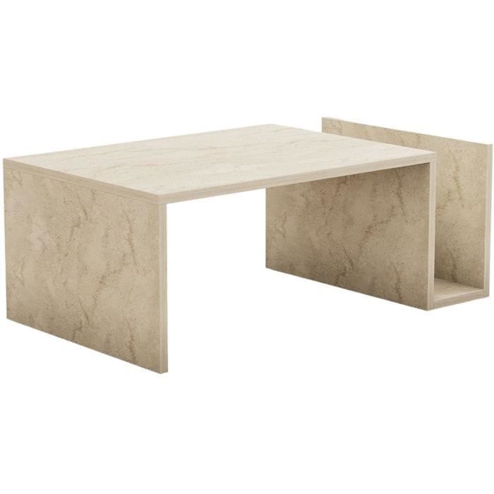 MEMO Rectangular Coffee Table - Travertine Marble Effect - 86.8 x 32.4 x 50 cm