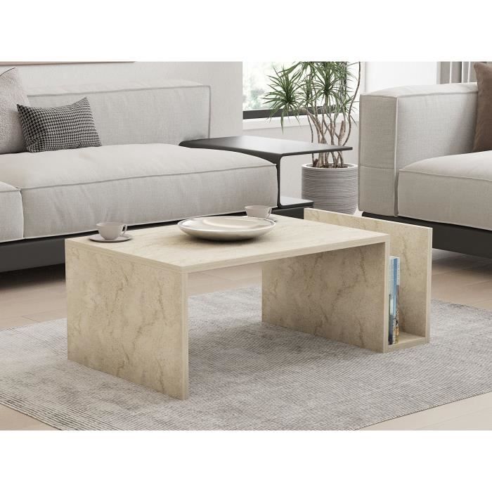 MEMO Rectangular Coffee Table - Travertine Marble Effect - 86.8 x 32.4 x 50 cm
