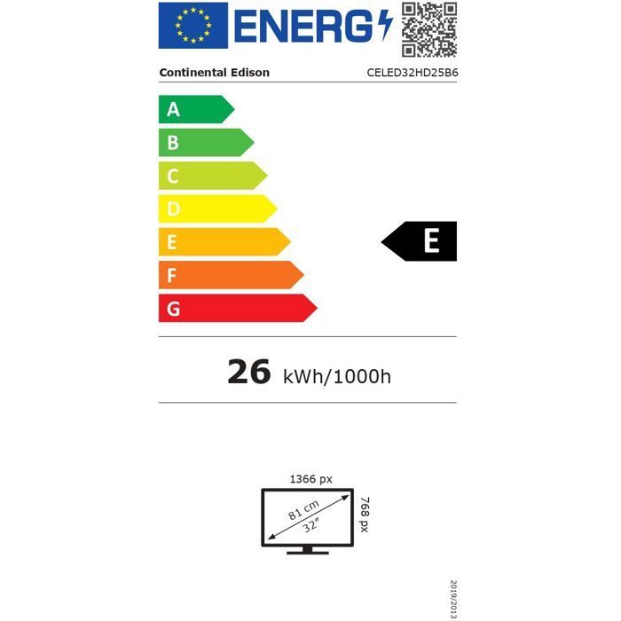 CONTINENTAL EDISON - LED TV 32" (81 cm) - HD - 2xHDMI - 2xUSB - Black - CELED32HD25B6