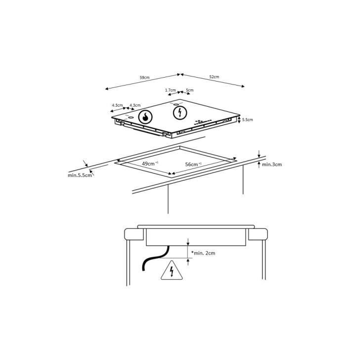 CONTINENTAL EDISON Induction Hob - 3 Burners - 6200W - 59 x 52 cm - Black