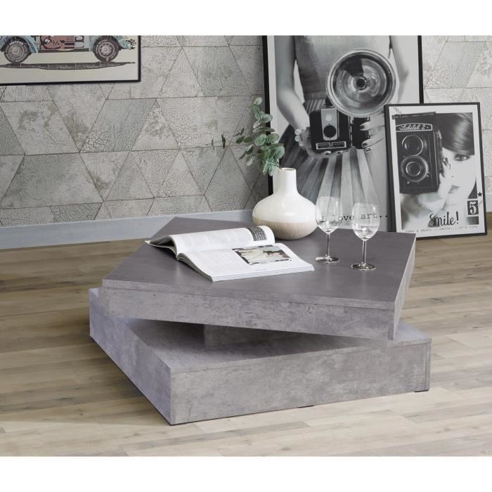 COFFEE Square Swivel Coffee Table - Light Grey Concrete Effect - 78 x 78 x 35.4 cm