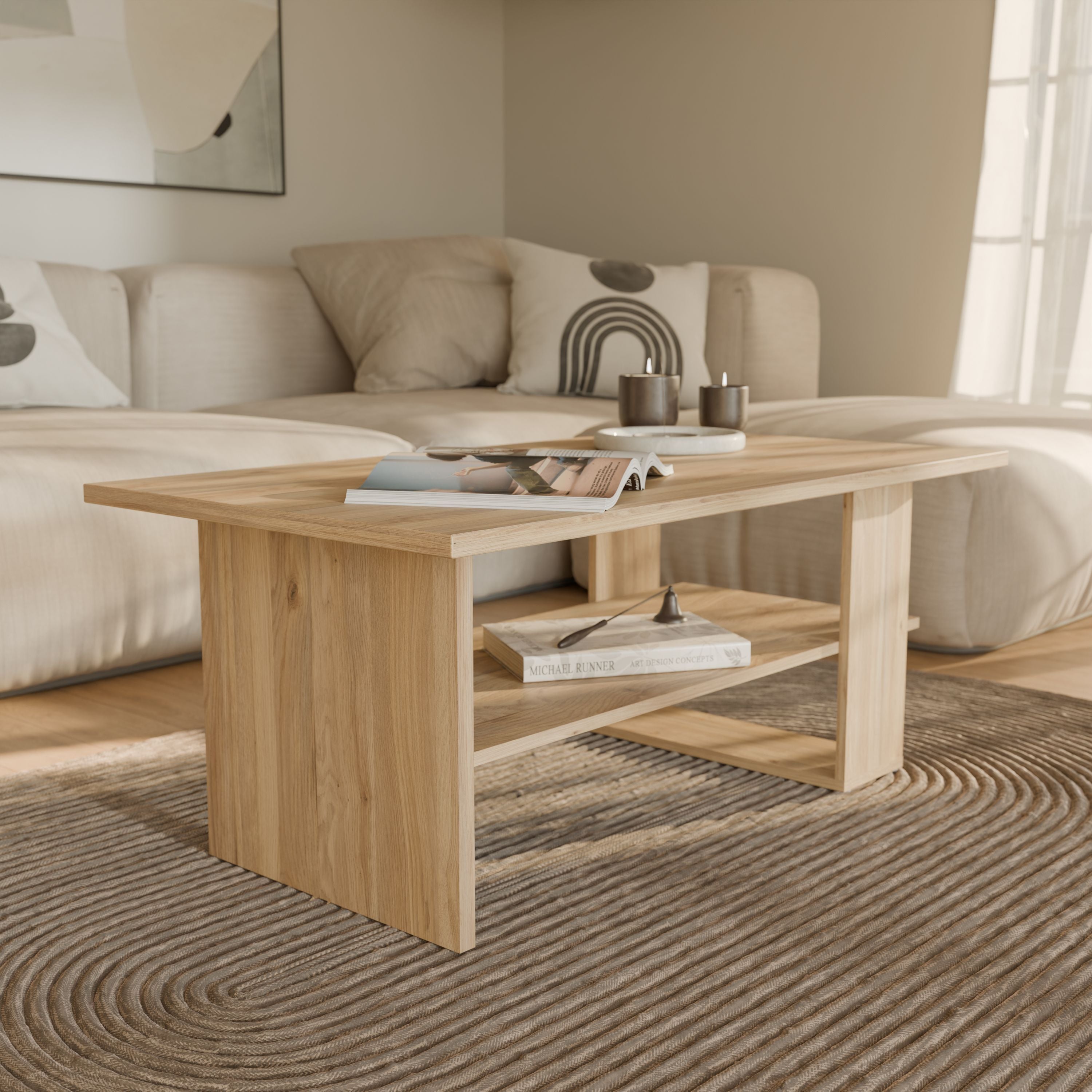 Mauvella Rectangular Coffee Table - Oak Finish - 2 Shelves - 110 x 60 x 45 cm